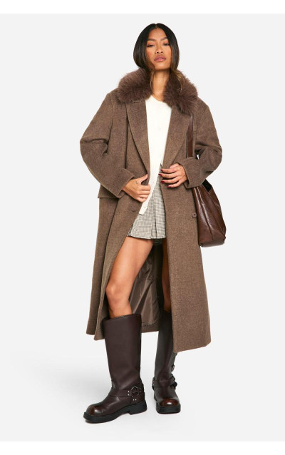 Велике двобортне шерстяне пальто зі штучним хутром