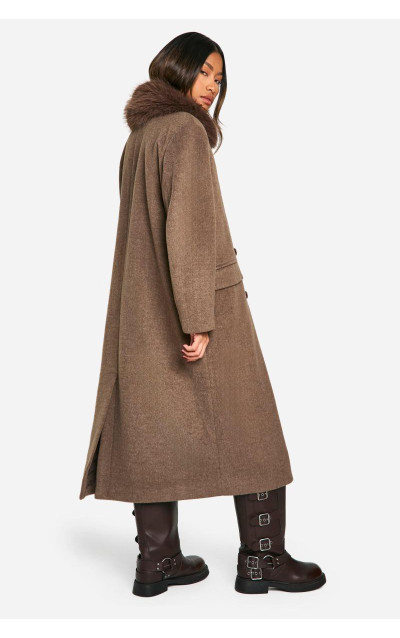 Велике двобортне шерстяне пальто зі штучним хутром