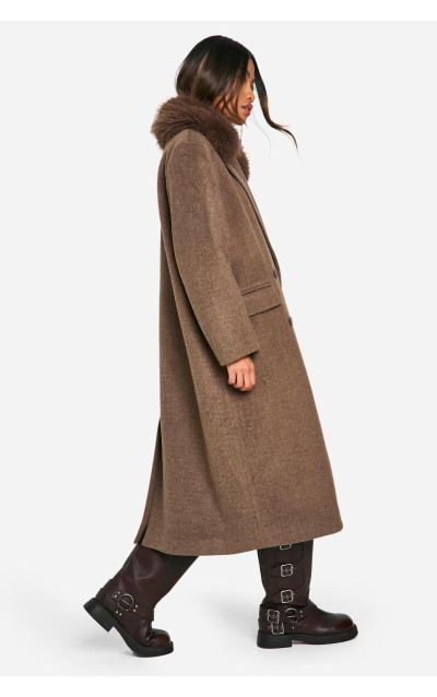 Велике двобортне шерстяне пальто зі штучним хутром