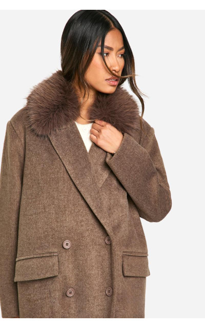 Велике двобортне шерстяне пальто зі штучним хутром