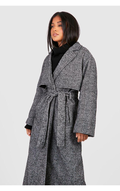 Маленький вовняний тренч із поясом у ялинку