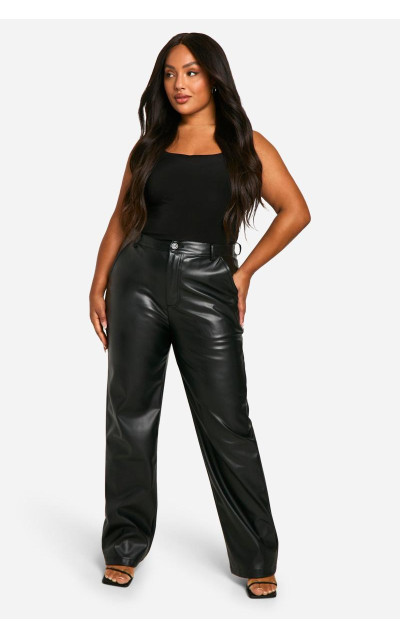 Плюс прямі брюки з поліуретану з високою талією