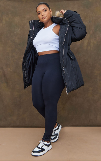 Плюс чорний хутра капюшон еластично талії довгасті пальто Парка