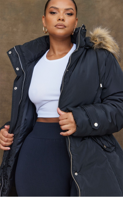 Плюс чорний хутра капюшон еластично талії довгасті пальто Парка