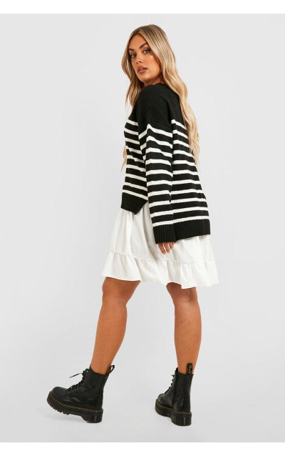 Плюс трикотажна сукня-сорочка 2 в 1 у смужку