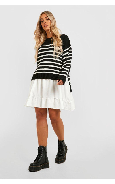 Плюс трикотажна сукня-сорочка 2 в 1 у смужку