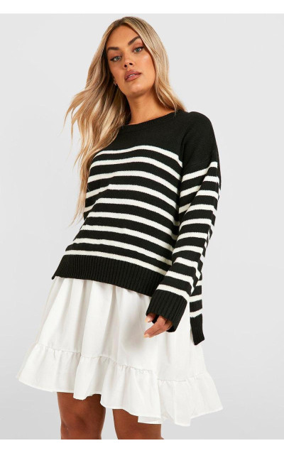 Плюс трикотажна сукня-сорочка 2 в 1 у смужку