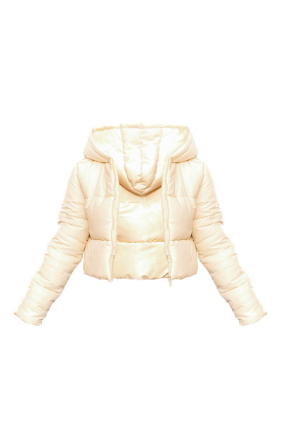 Кремовий базовий з капюшоном на блискавці вгору обрізаний пухковий піджак