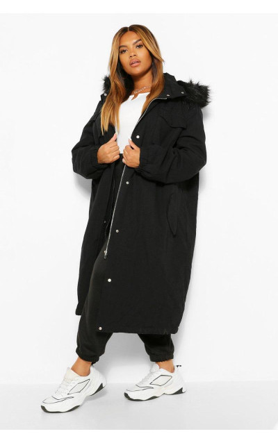 Плюс довге пальто-парка зі штучним хутром