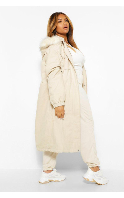 Плюс довге пальто-парка зі штучним хутром