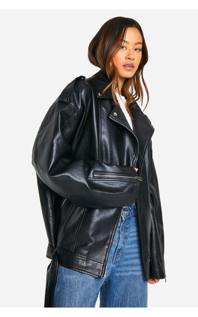Висока байкерська куртка зі штучної шкіри великого розміру
