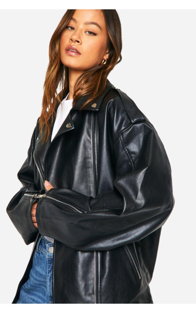 Висока байкерська куртка зі штучної шкіри великого розміру
