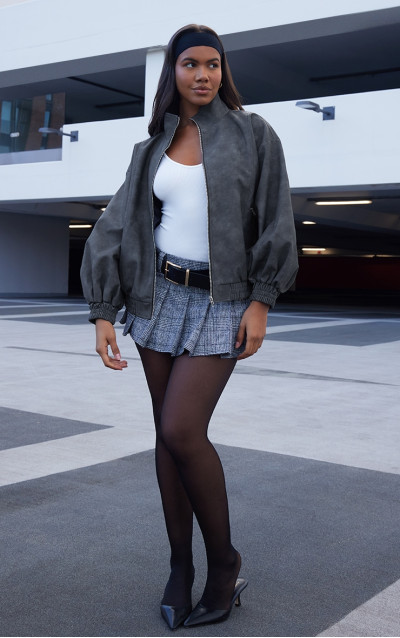 Бомбер з високою горловиною з текстурованою штучної шкіри вугільного кольору