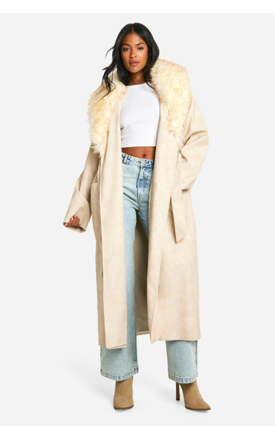 Високий тренч зі штучного хутра з вінтажним коміром і штучною шкірою