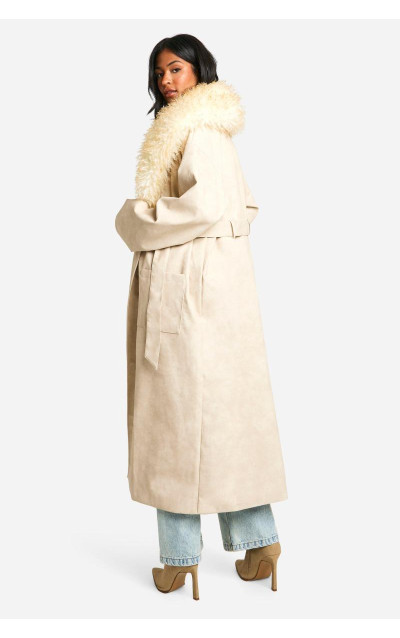 Високий тренч зі штучного хутра з вінтажним коміром і штучною шкірою