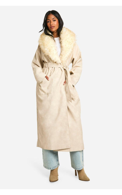 Високий тренч зі штучного хутра з вінтажним коміром і штучною шкірою
