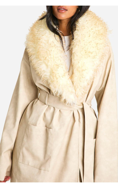 Високий тренч зі штучного хутра з вінтажним коміром і штучною шкірою