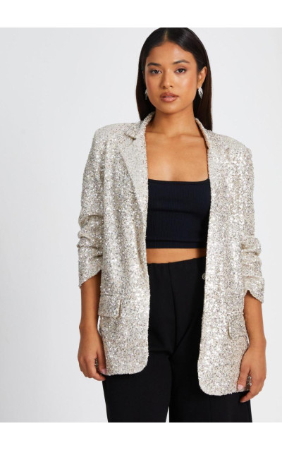Біля білої дрібної блискітки Ruched Blazer