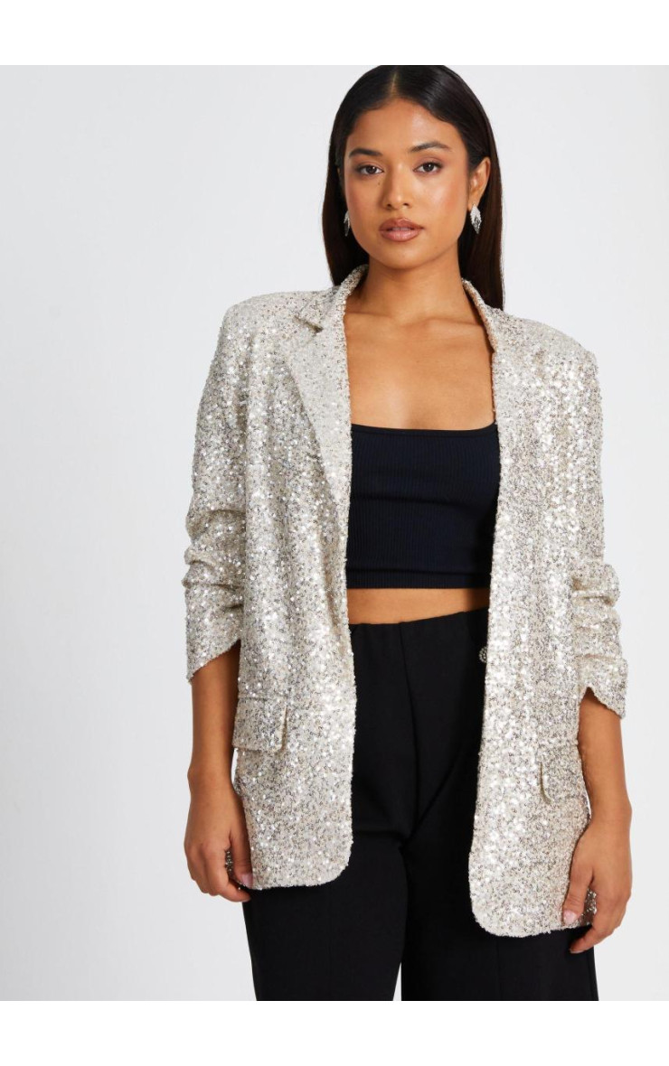 Біля білої дрібної блискітки Ruched Blazer