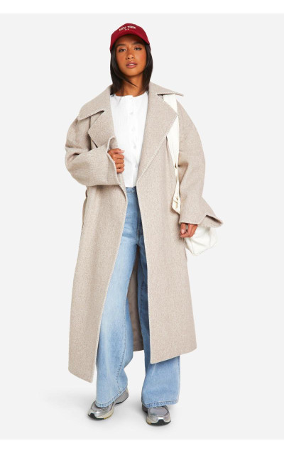 Дрібне пальто з вовняним поясом із контрастною строчкою