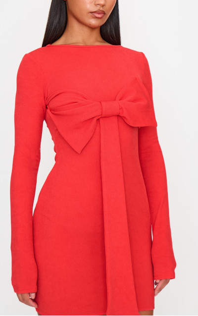 Червона міні-сукня з бантом і довгими рукавами