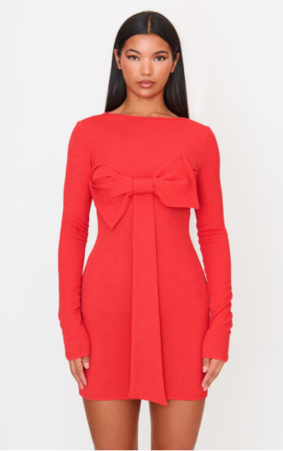 Червона міні-сукня з бантом і довгими рукавами