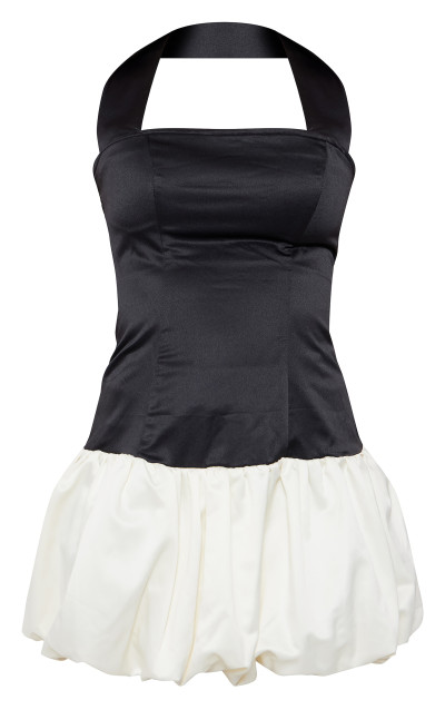 Чорна атласна контрастна сукня-пуфбол