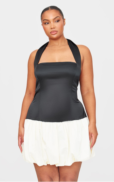 Чорна атласна контрастна сукня-пуфбол