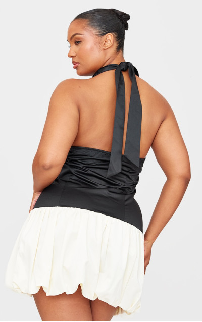 Чорна атласна контрастна сукня-пуфбол