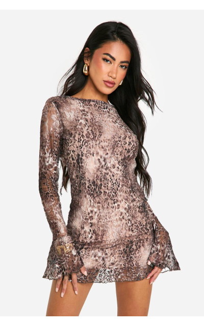 Міні-сукня з мереживним леопардовим розкльошеним рукавом