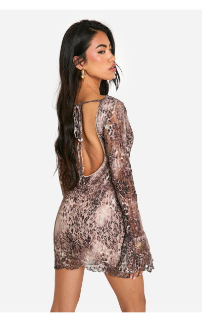 Міні-сукня з мереживним леопардовим розкльошеним рукавом