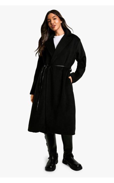 Вовняне пальто з поясом зі штучної шкіри