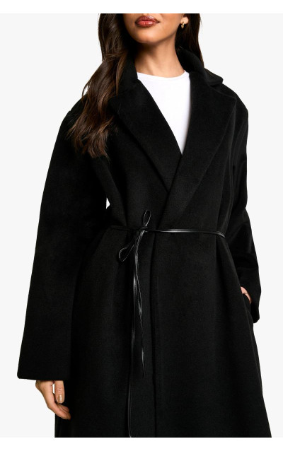 Вовняне пальто з поясом зі штучної шкіри