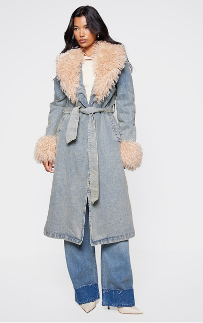 Вінтажний плащ із штучним хутром і поясом