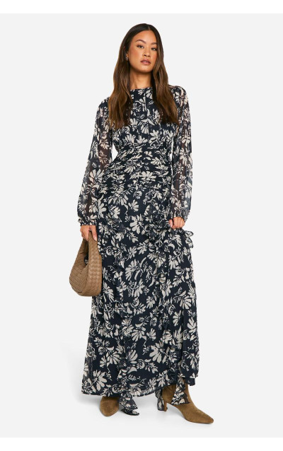Високе квіткове плаття з шифонським рафінгом максі