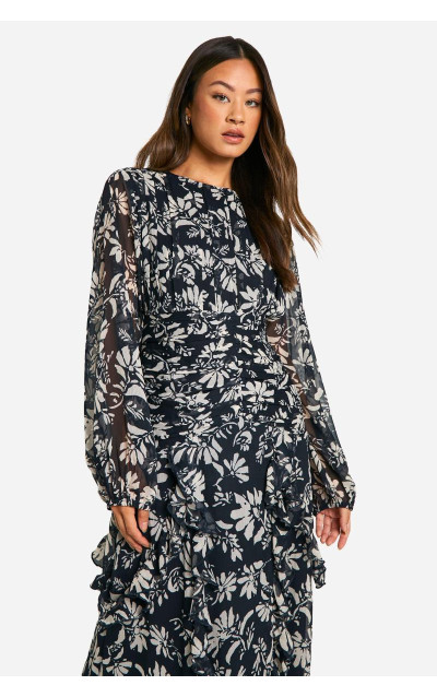 Високе квіткове плаття з шифонським рафінгом максі
